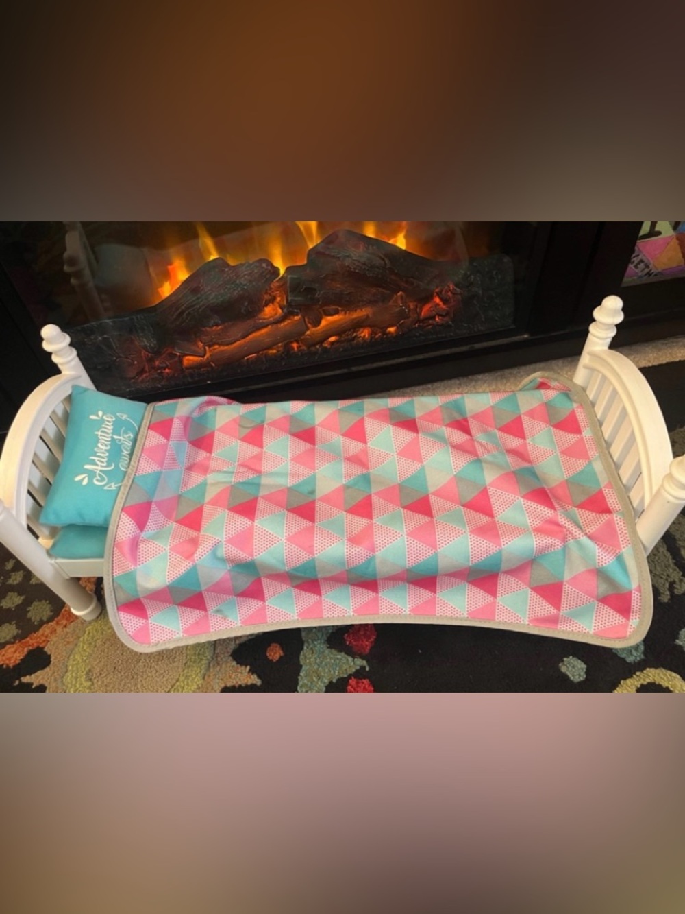 Kids Geometric Pink & Teal Doll Play Bed- Soft Triangle Pattern